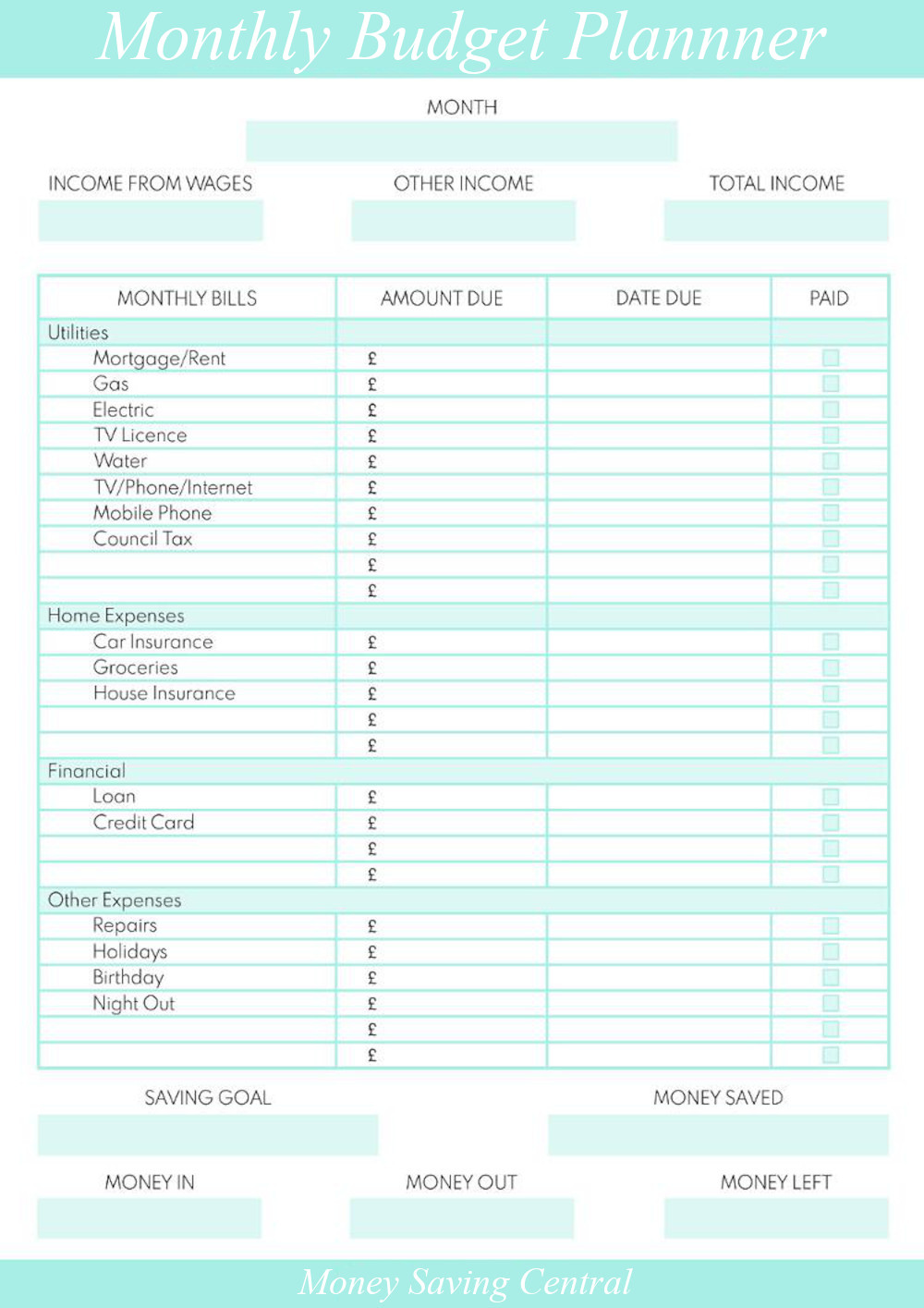 free monthly budget planner template
